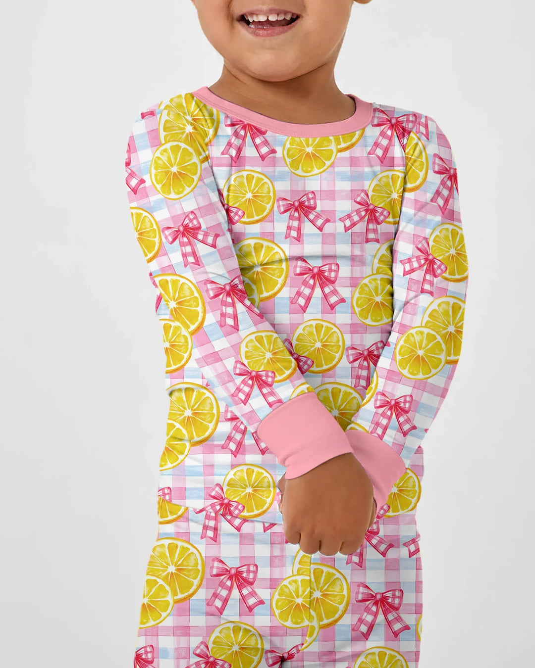 Pink Lemons Bows Checkered Bamboo Two Piece Long Sleeve Pajama Set