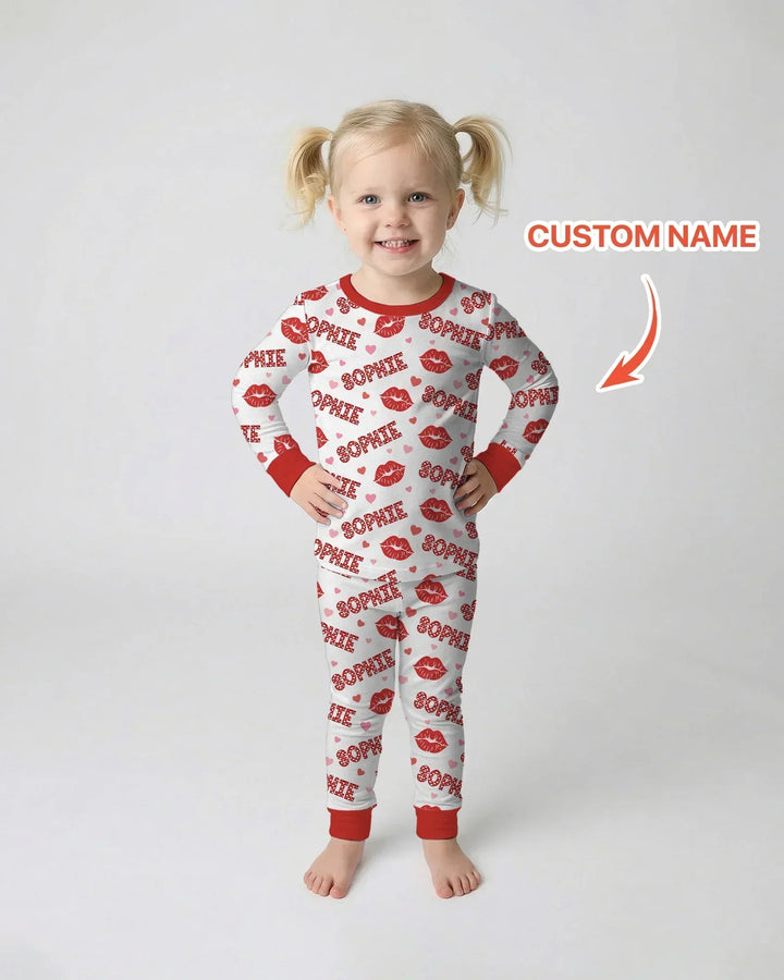 Custom Name Valentine Kiss Two Piece Long Sleeve Pajama Set
