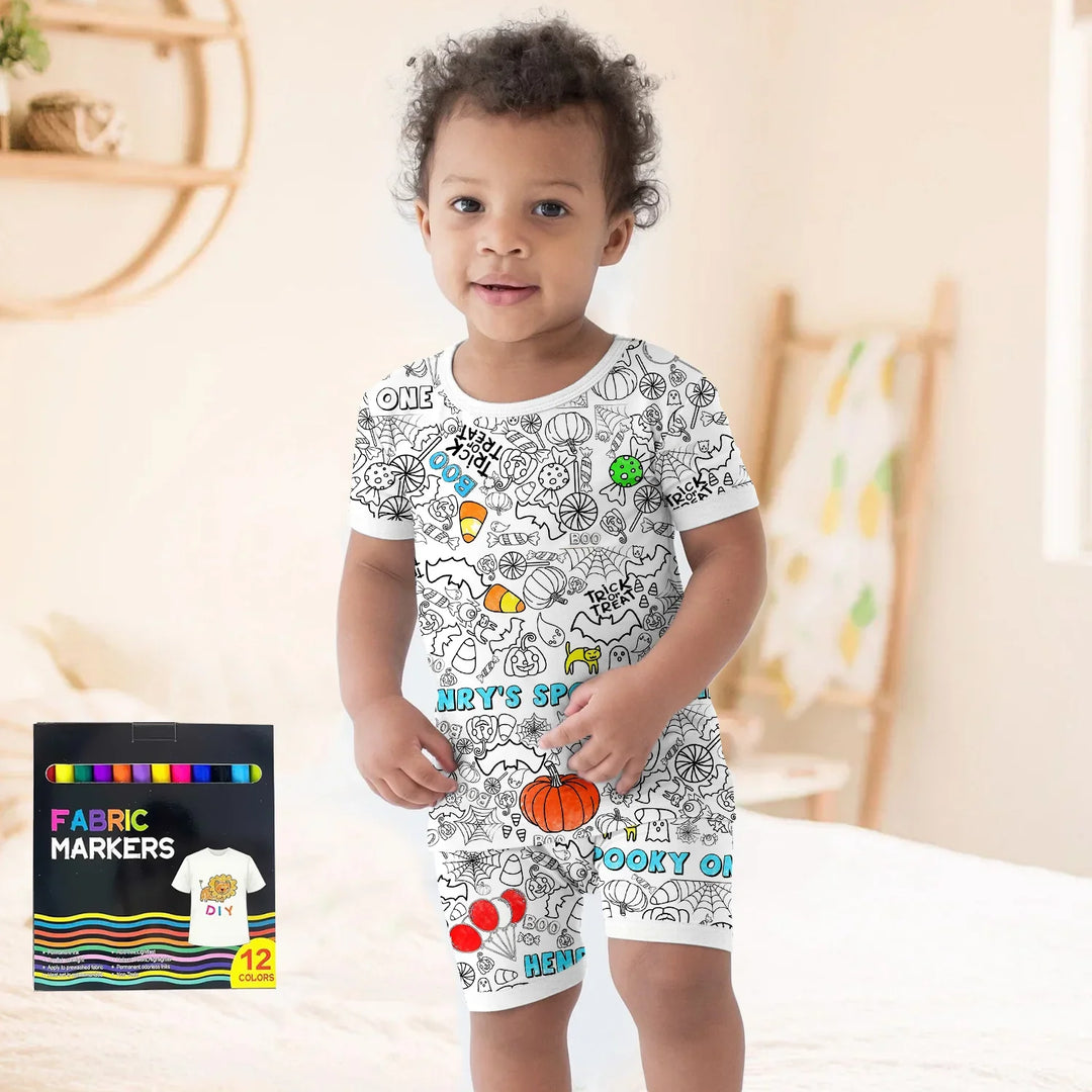 Custom Name Spooky Colorable Halloween Two Piece Short Sleeve Shorts Pajama Set , Custom Name Spooky Colorable Halloween Two Piece Short Sleeve Shorts Pajama Set - 3T