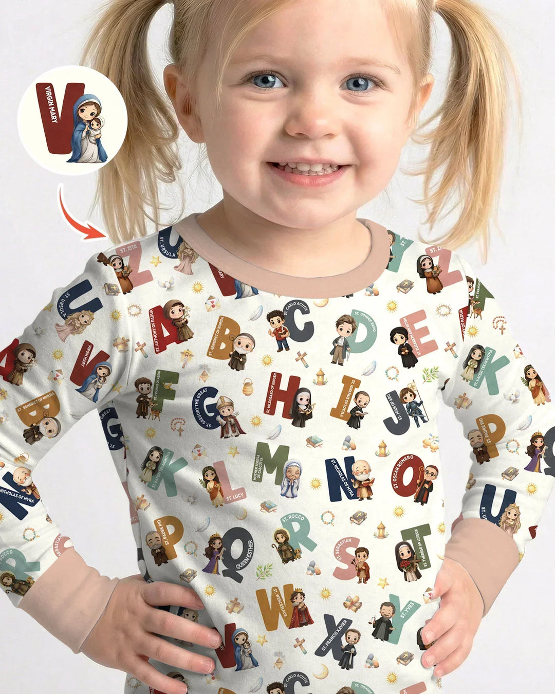Catholic Saint ABCs Two Piece Long Sleeve Pajama Set