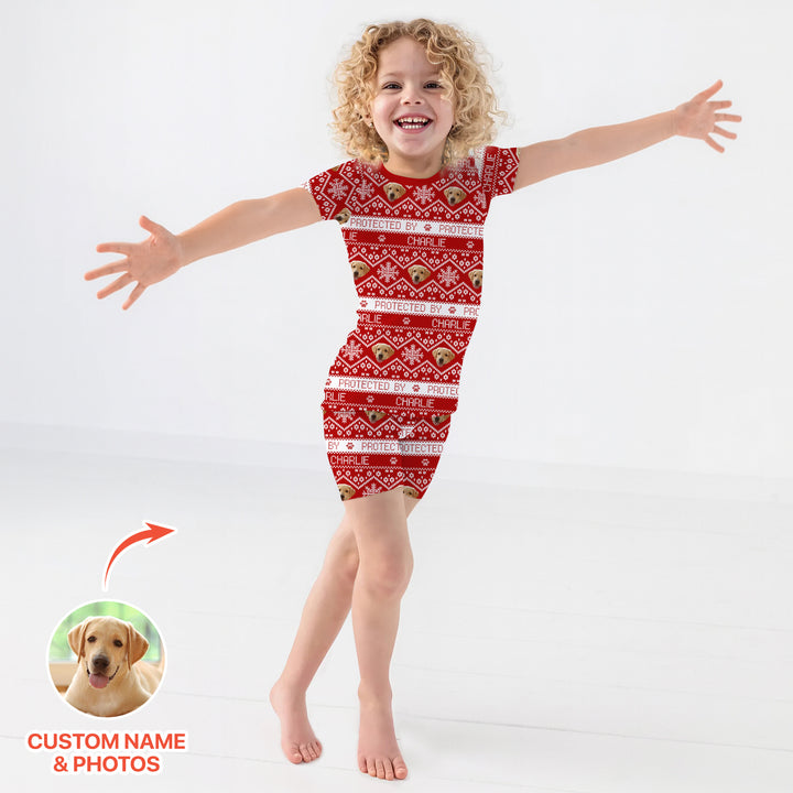 Custom Dog Photo Fair Isle Christmas Two Piece Short Sleeve Shorts Pajama Set