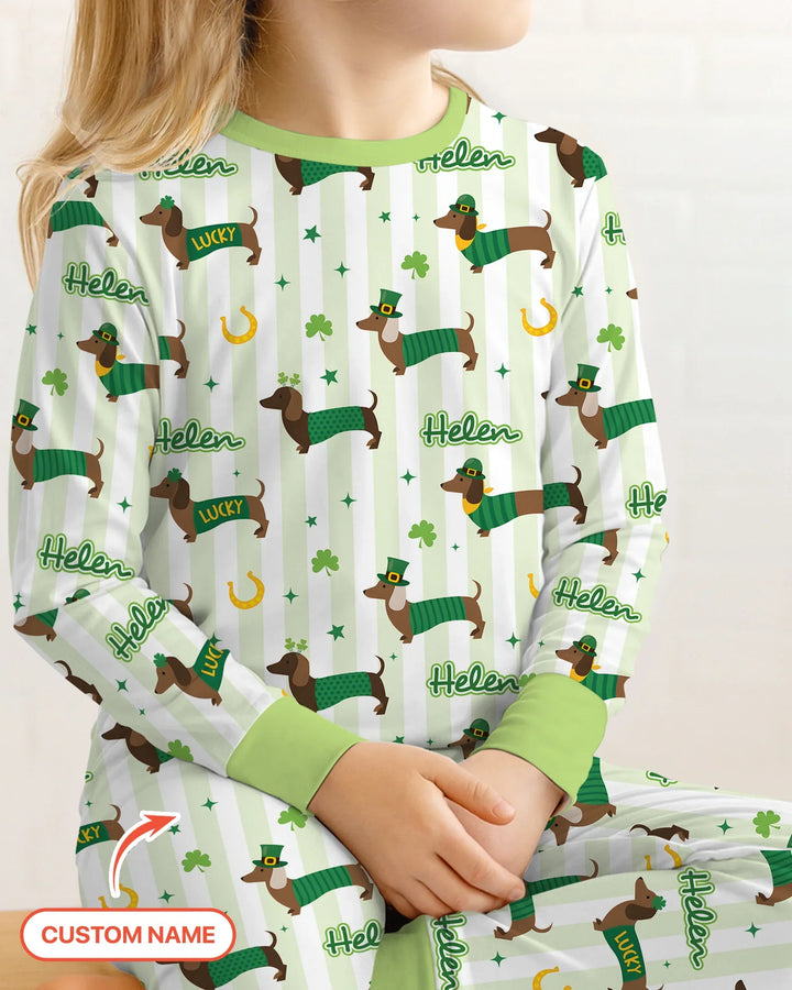 Lucky Dachshunds St. Patrick's Day Family Matching Two Piece Long Sleeve Pajama Set