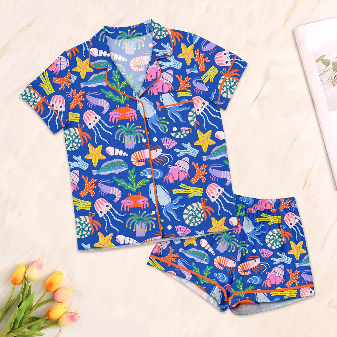 Under the Sea Button Down Two Piece Short Sleeve Shorts Pajama Set