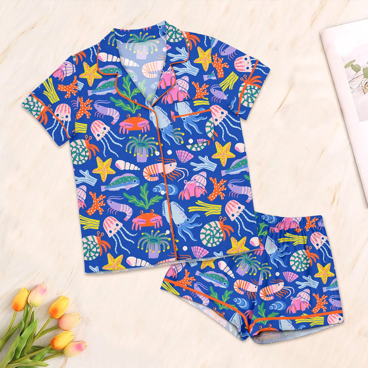 Under the Sea Button Down Two Piece Short Sleeve Shorts Pajama Set