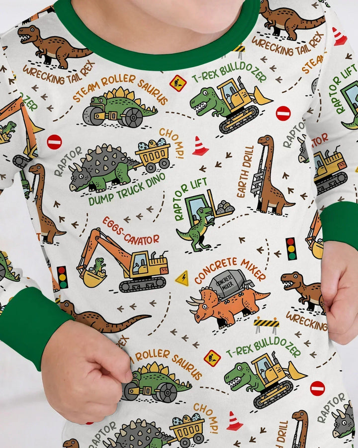 Dinosaur Construction Truck Bamboo Two Piece Long Sleeve Pajama Set