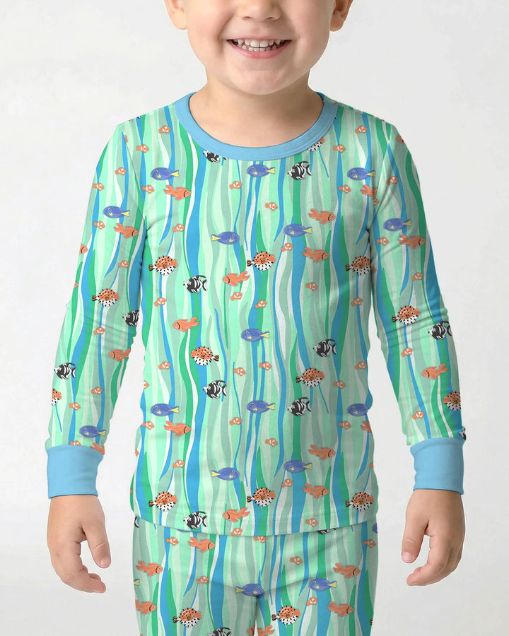 Custom Name Summer Beach Bamboo Two Piece Long Sleeve Pajama Set