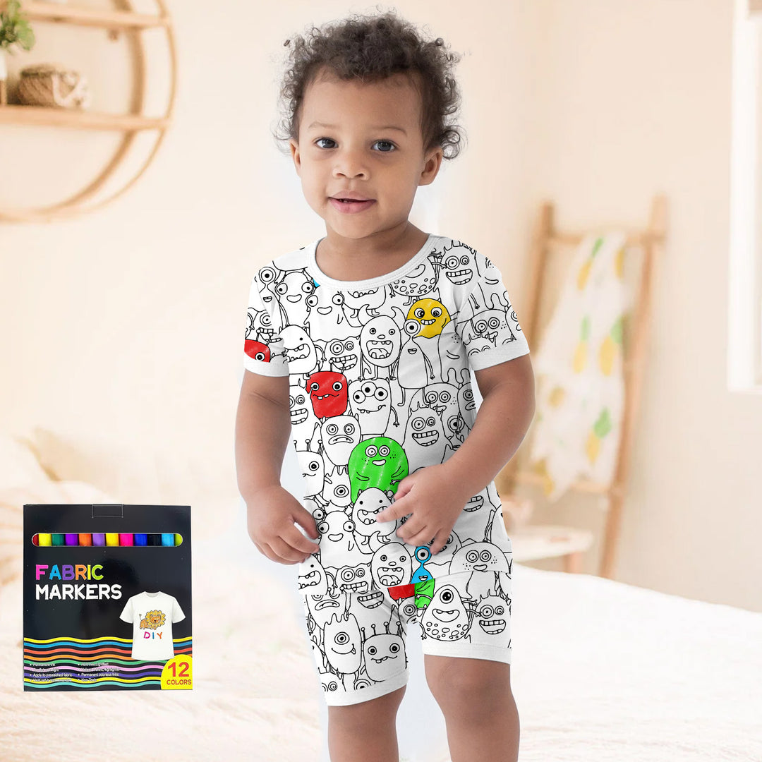 Monster Fun Colorable Halloween Two Piece Short Sleeve Shorts Pajama Set