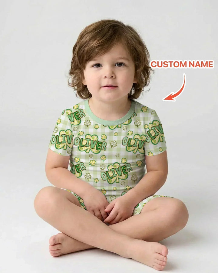 Lucky Shamrock Custom Name Two Piece Short Sleeve Shorts Pajama Set