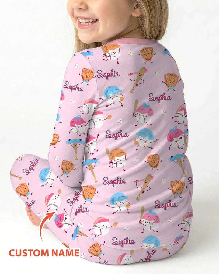 Custom Name Ballparl Family Matching Bamboo Two Piece Long Sleeve Pajama Set