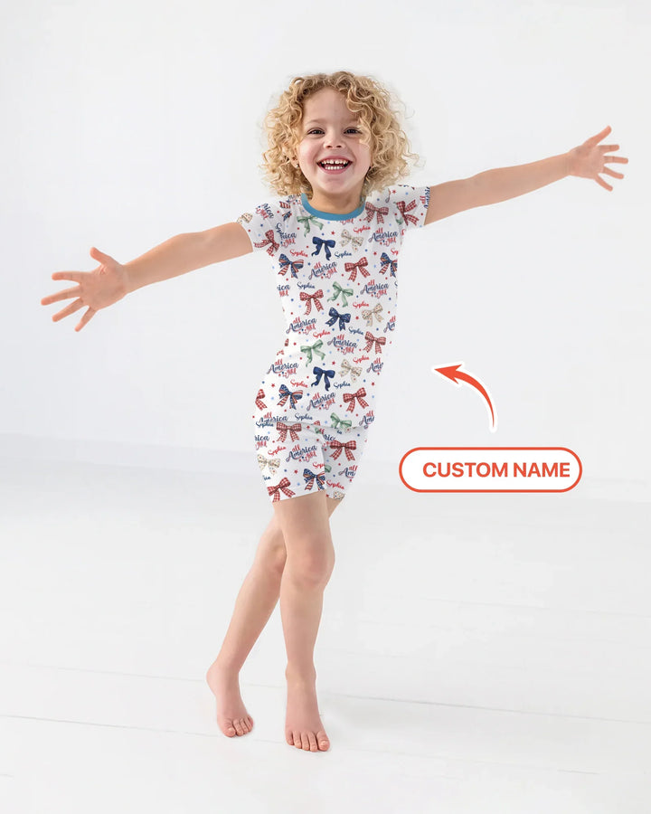 Custom Name All American Girl Bamboo Two Piece Short Sleeve Shorts Pajama Set
