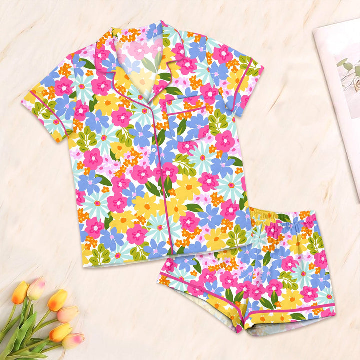 Summer Flowers Button Down Two Piece Short Sleeve Shorts Pajama Set