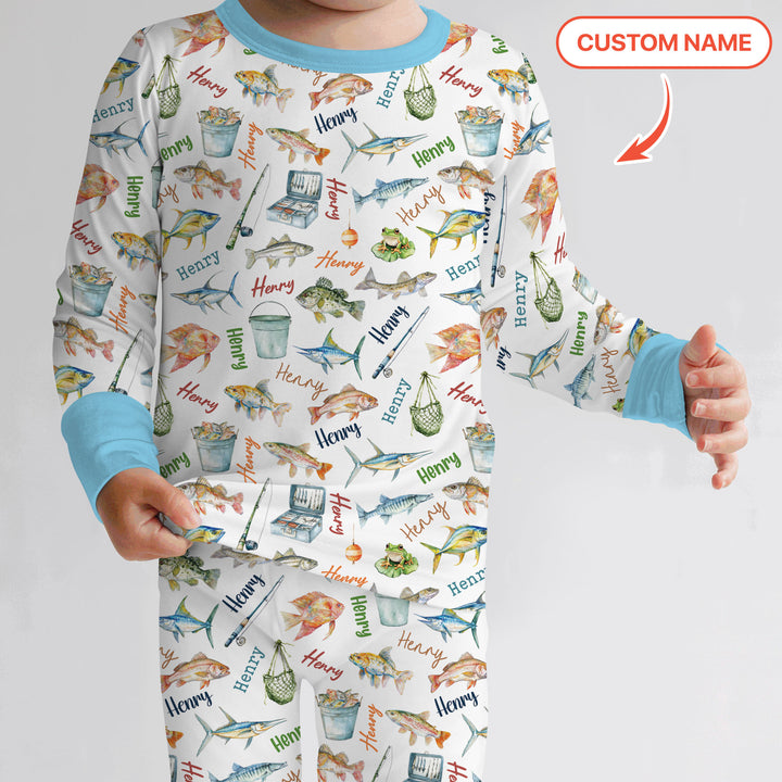 Happy Fishing Adventure Custom Name Two Piece Long Sleeve Pajama Set