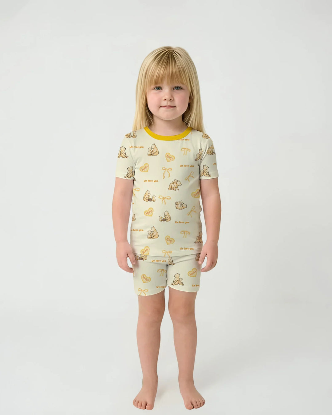 Sweat Yellow Mama Bear Two Piece Short Sleeve Shorts Pajama Set