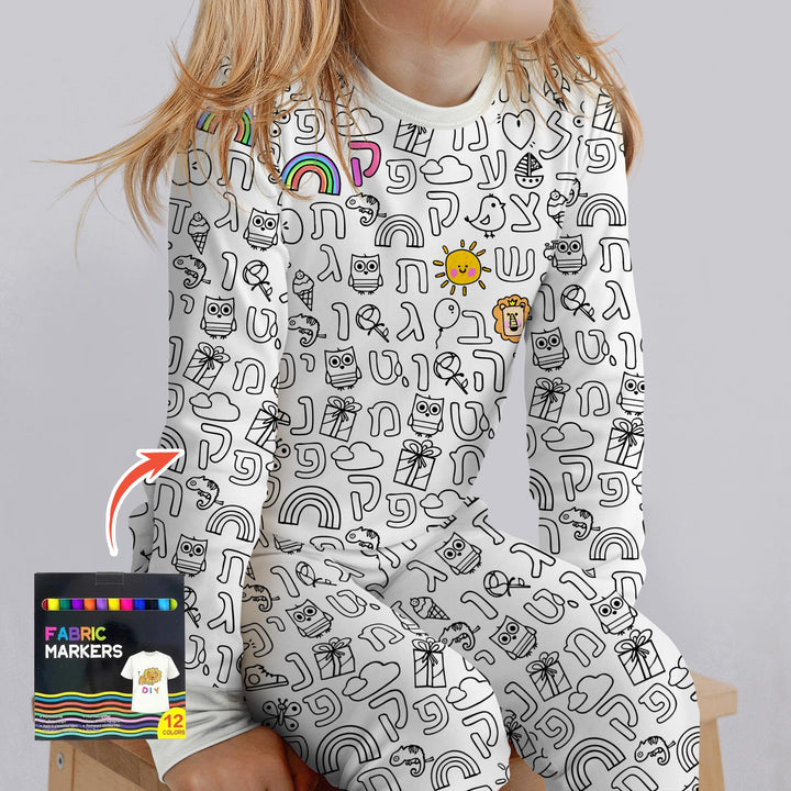 Hebrew Alphabet Colorable Two Piece Long Sleeve Pajama Set