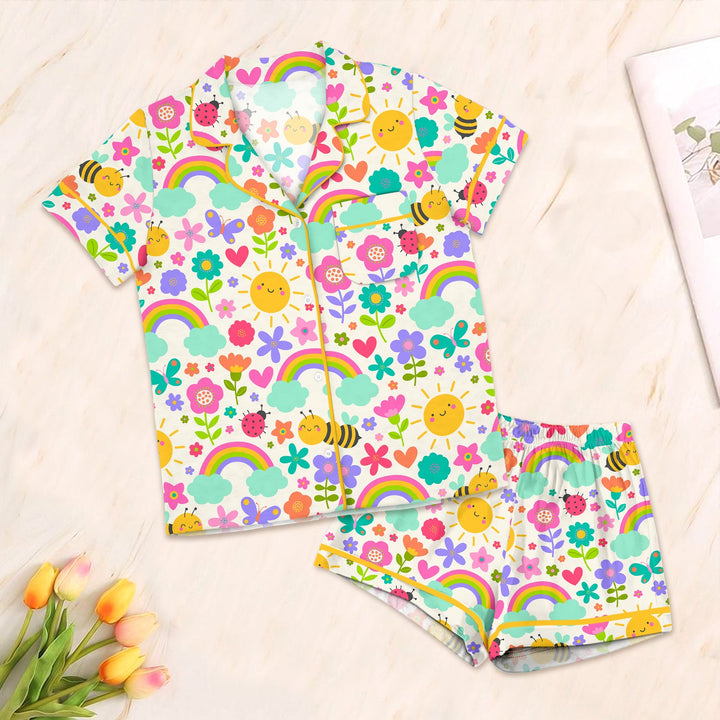 Summer Sunshine Button Down Two Piece Short Sleeve Shorts Pajama Set