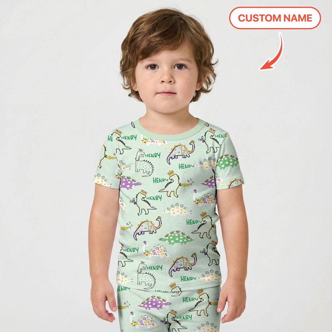 Custom Name Mardi Gras Saurus Two Piece Short Sleeve Pajama Set
