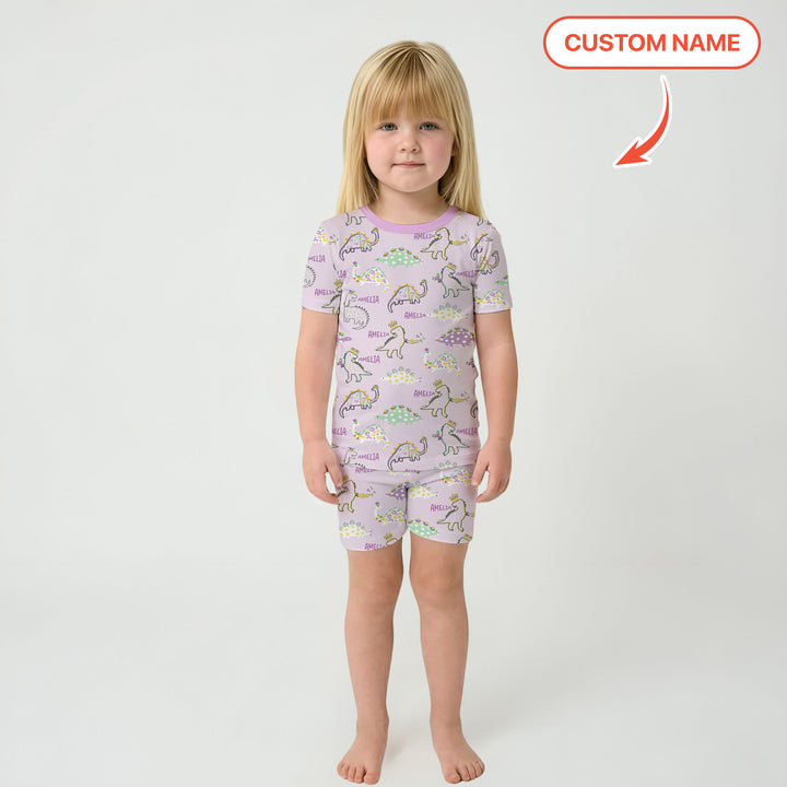 Custom Name Mardi Gras Saurus Two Piece Short Sleeve Shorts Pajama Set