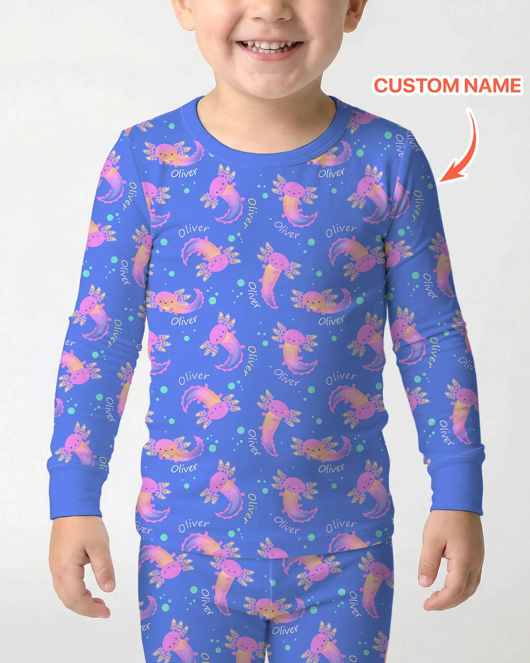 Pijama de dos piezas de manga larga de bambú con nombre personalizado y diseño de ajolote que brilla en la oscuridad