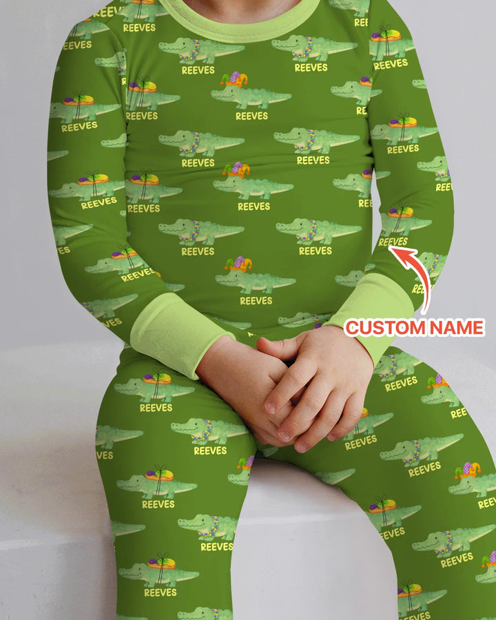 Custom Name Mardi Gras Gator Two Piece Long Sleeve Pajama Set