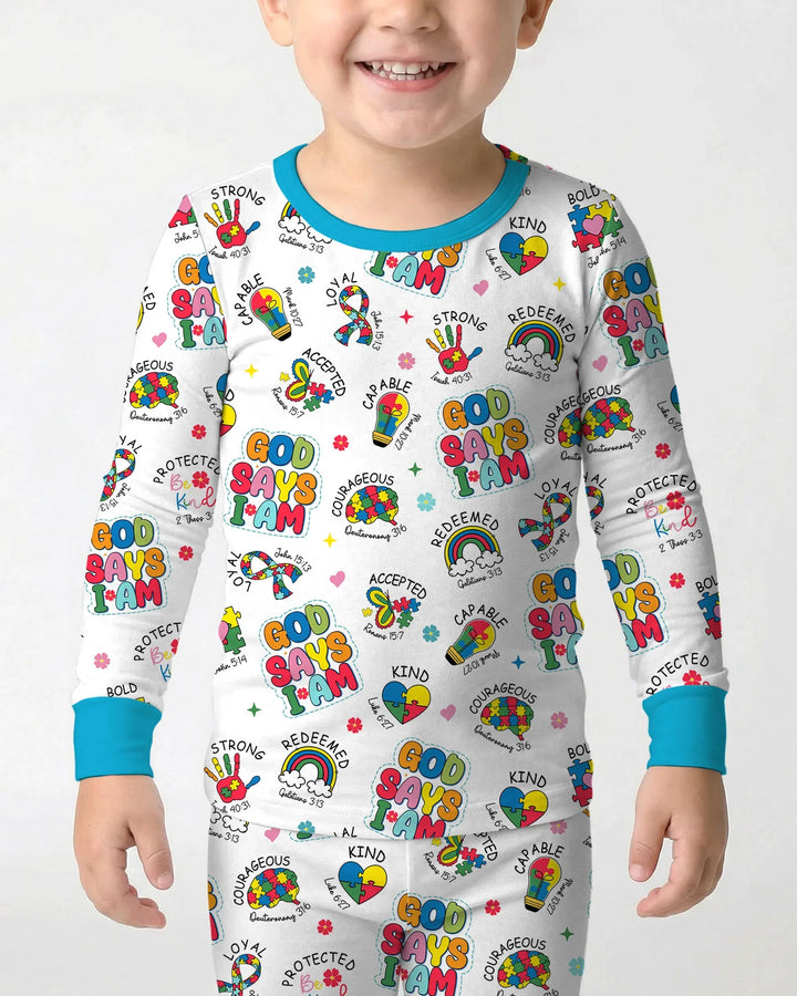 God Says I Am Autism Awareness Bamboo Two Piece Long Sleeve Pajama Set