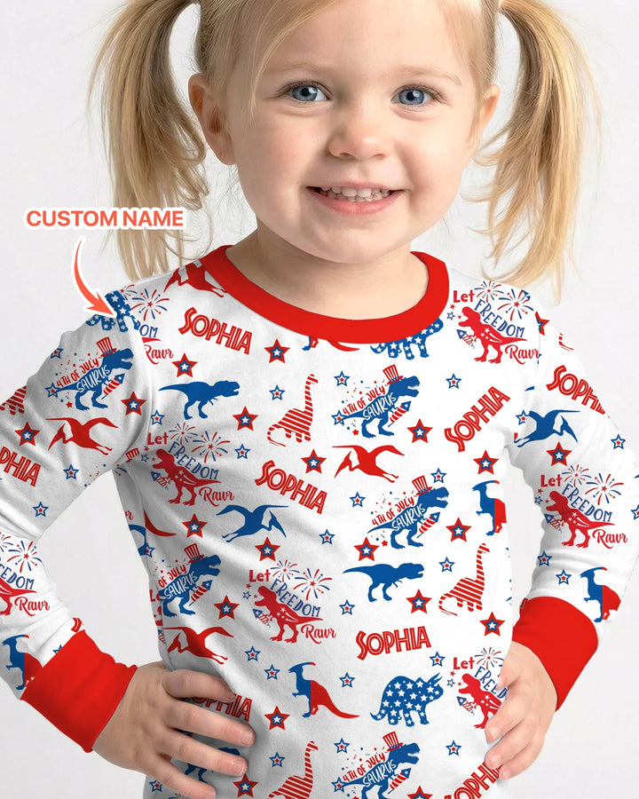 Custom Name Patriotic Dinosaur Bamboo Two Piece Long Sleeve Pajama Set