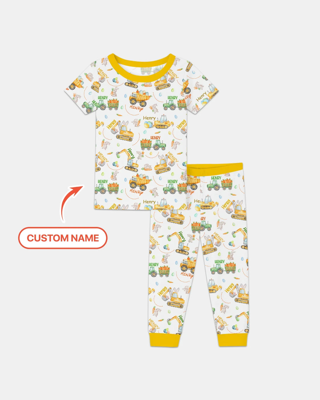 Easter Construction Vehicles Custom Name Two Piece Short Sleeve Pajama Set