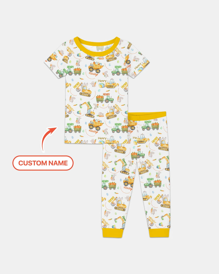 Easter Construction Vehicles Custom Name Two Piece Short Sleeve Pajama Set
