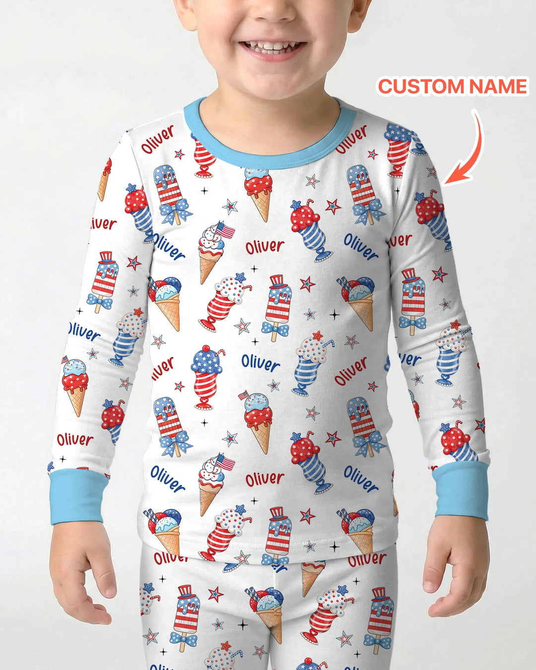 Custom Name Red, White & Ice Cream Bamboo Two Piece Long Sleeve Pajama Set