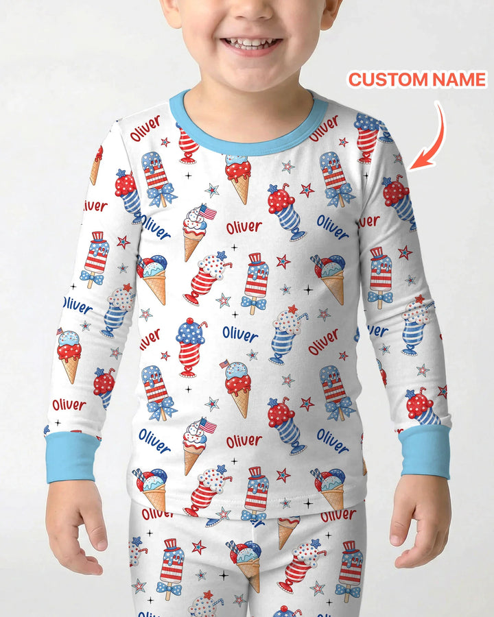 Custom Name Red, White & Ice Cream Bamboo Two Piece Long Sleeve Pajama Set