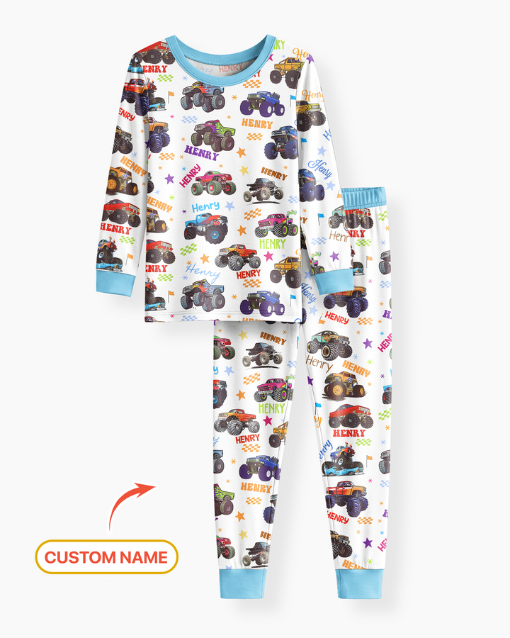 Pijama de dos piezas de bambú con nombre personalizado de Monster Truck y manga larga