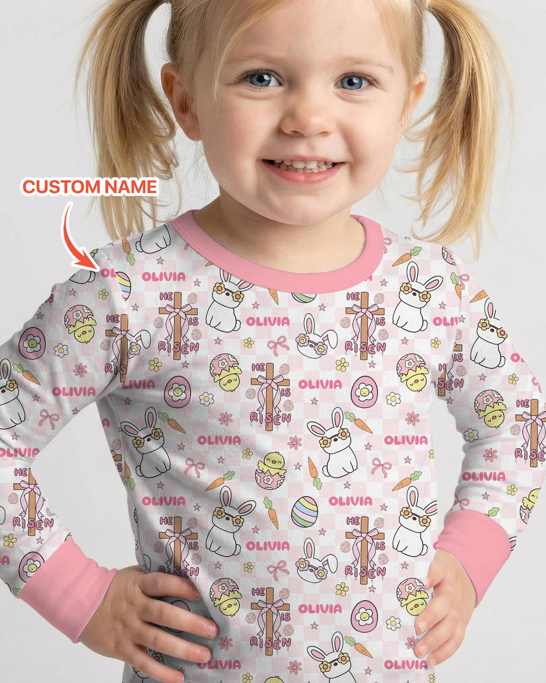Custom Name Retro Easter Two Piece Long Sleeve Pajama Set