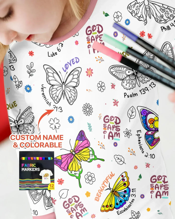 Colorable God Says I Am Butterfly Two Piece Long Sleeve Pajama Set