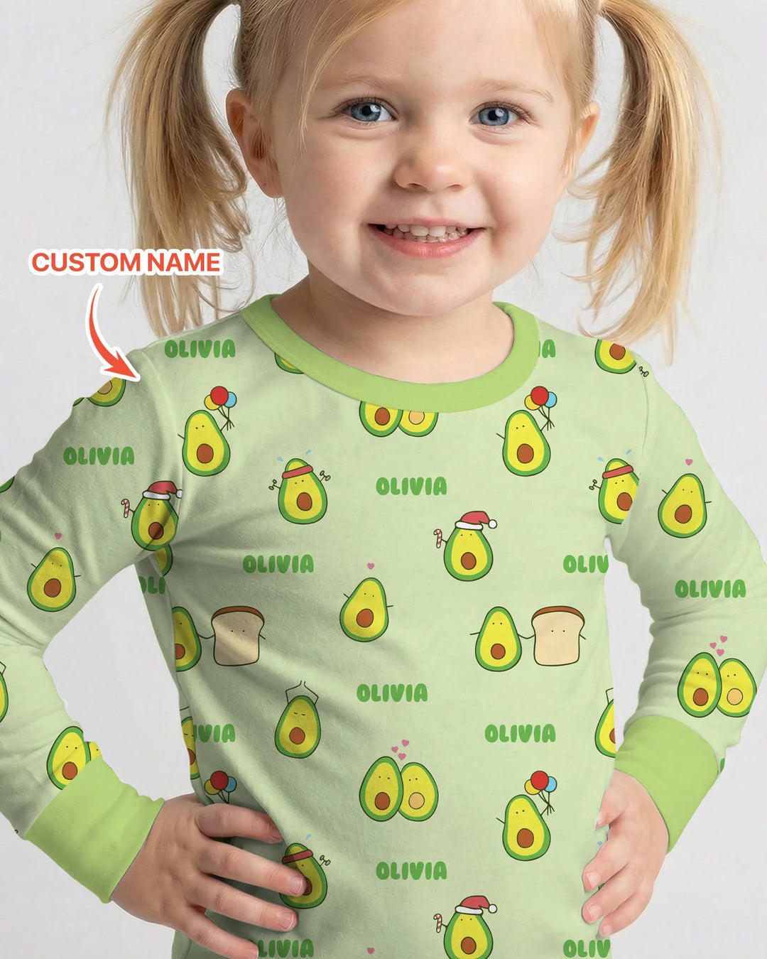 Custom Name Cute Avocado Two Piece Long Sleeve Pajama Set