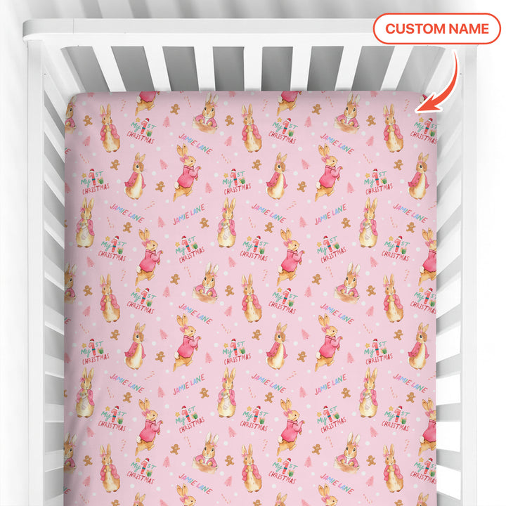 Custom 1st Christmas Rabbit Fitted Crib Sheet