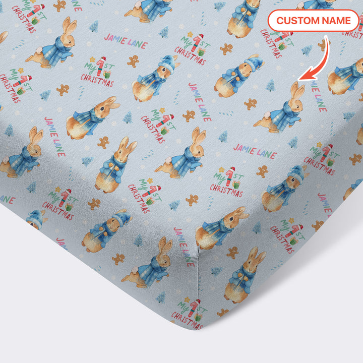 Custom 1st Christmas Rabbit Fitted Crib Sheet