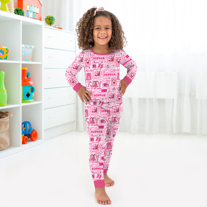 Custom Name Preppy Pink Christmas Two Piece Long Sleeve Pajama Set