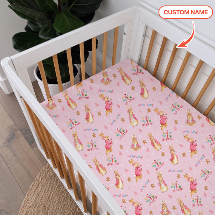 Custom 1st Christmas Rabbit Fitted Crib Sheet