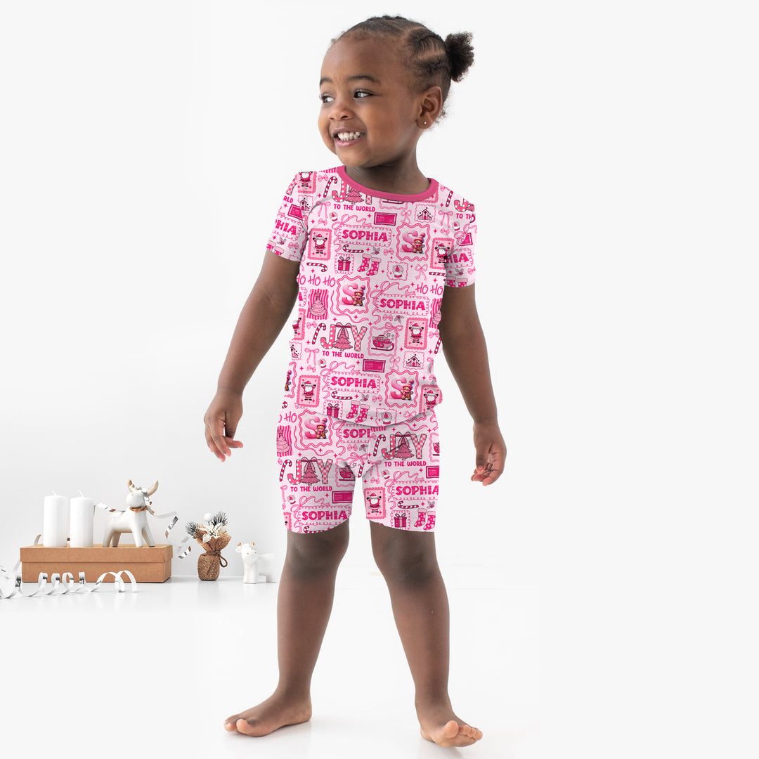 Custom Name Preppy Pink Christmas Two Piece Short Sleeve Shorts Pajama Set