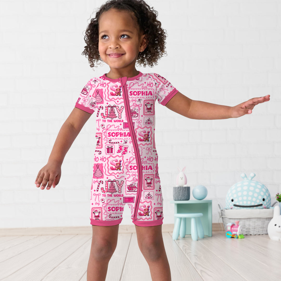 Custom Name Preppy Pink Christmas Shorty Zippy