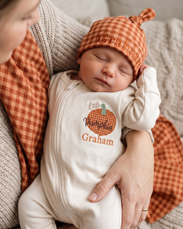 Custom Name Little Pumpkin Gingham Applique Embroidered Bamboo Hat