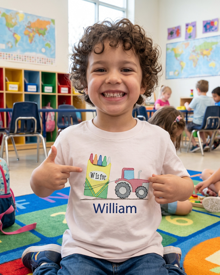 Custom Name Crayon Tractor Embroidered Bamboo Crewneck T-Shirt