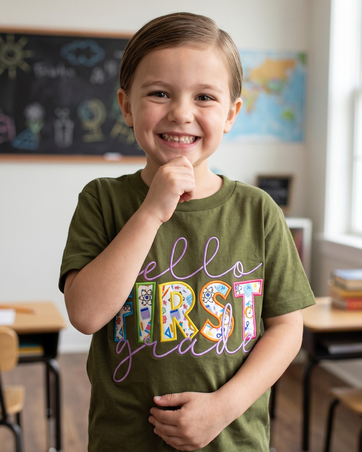 Hello First Grade Applique Embroidered Bamboo Crewneck T-Shirt