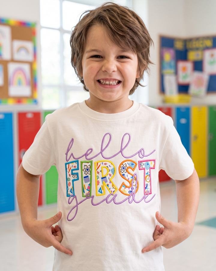 Hello First Grade Applique Embroidered Bamboo Crewneck T-Shirt