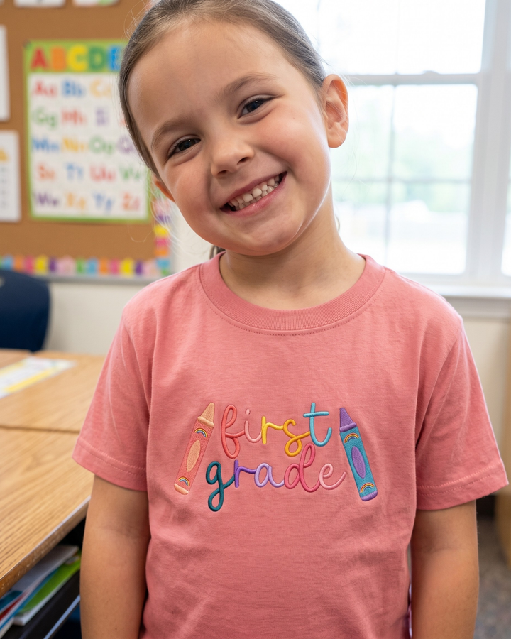 First Grade Crayon Embroidered Bamboo Crewneck T-Shirt