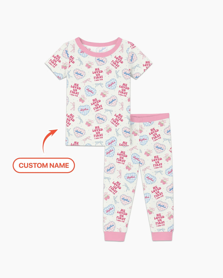 He Loved Us First Custom Name Bamboo Two Piece Short Sleeve Pajama Set