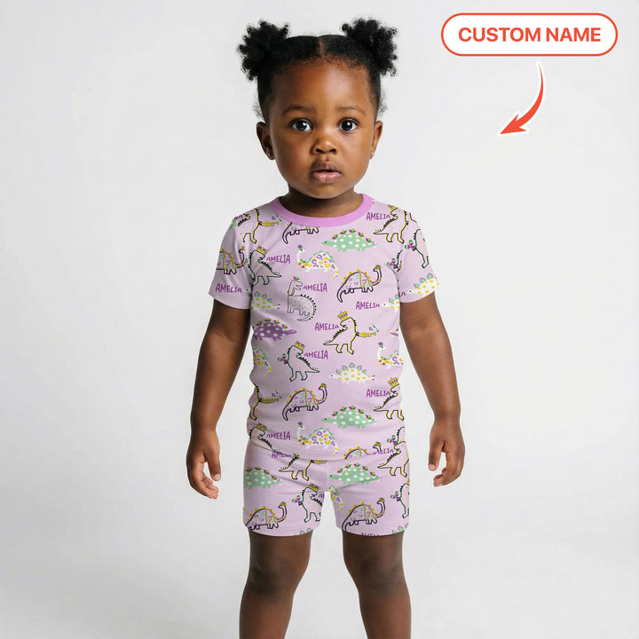 Custom Name Mardi Gras Saurus Two Piece Short Sleeve Shorts Pajama Set