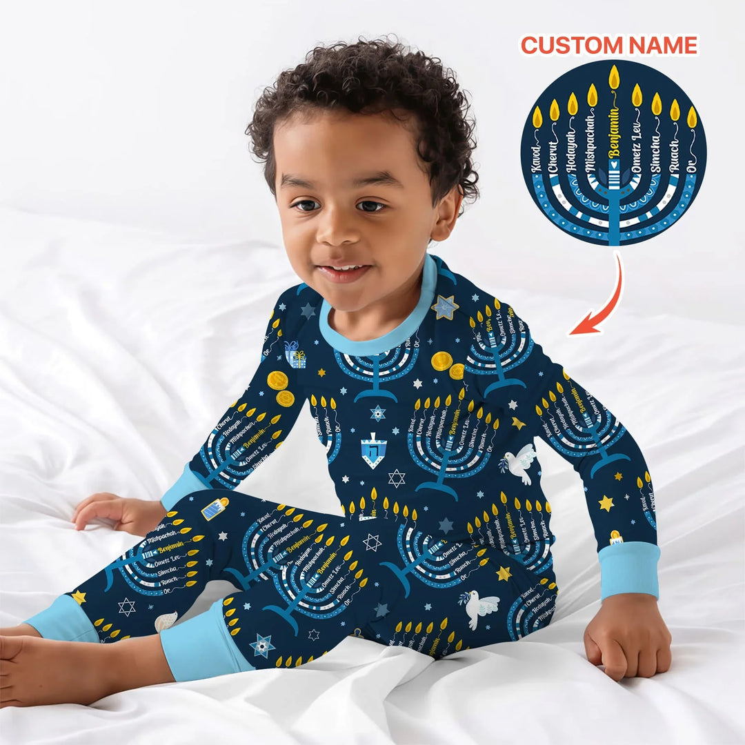 Hanukkah Custom Name Two Piece Long Sleeve Pajama Set