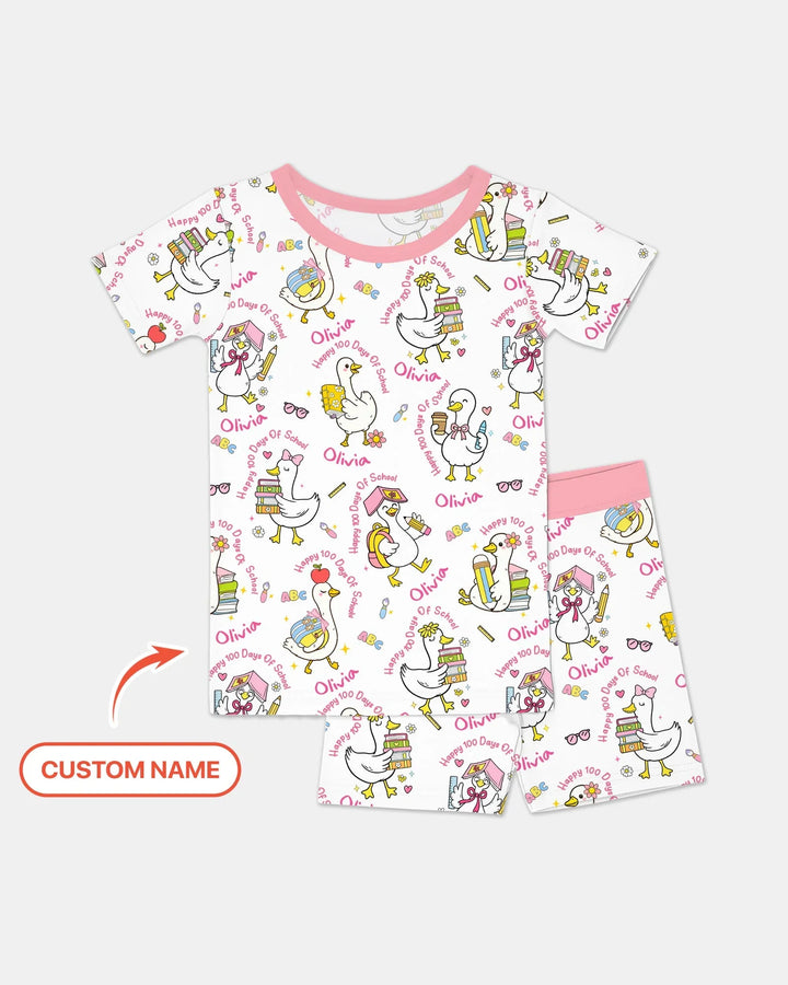 Custom Name Goose Happy 100 Days Of School Two Piece Short Sleeve Shorts Pajama Set
