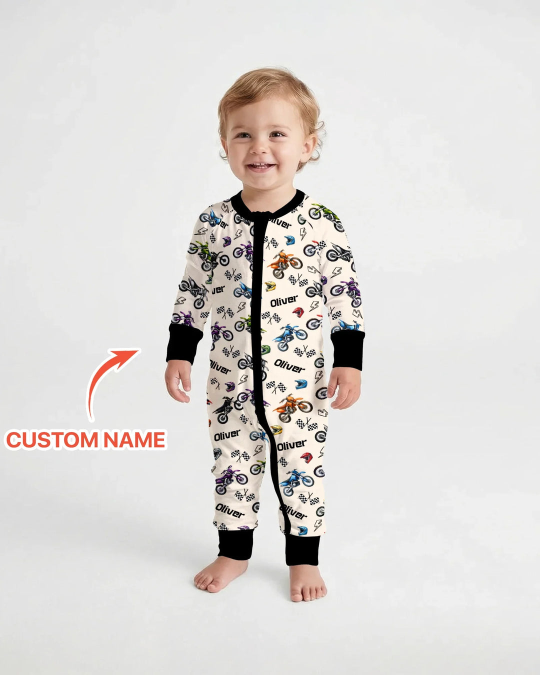 Pijama convertible de bambú con cremallera Little Dirt Bike Rider con nombre personalizado