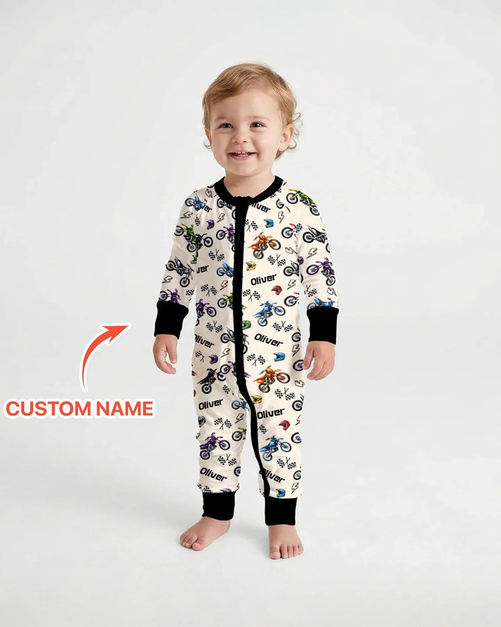 Pijama convertible de bambú con cremallera Little Dirt Bike Rider con nombre personalizado